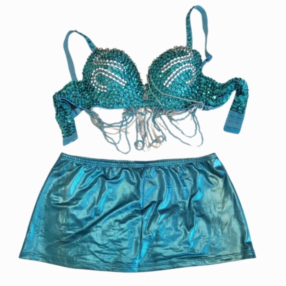 Blue bra & micro mini skirt